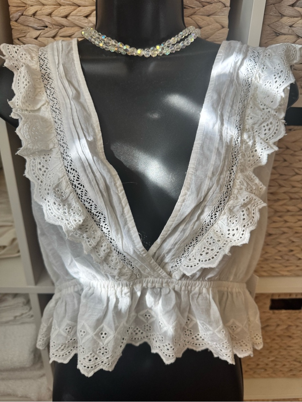 Forever 21 White Eyelet Ruffle V-Neck Crop Top